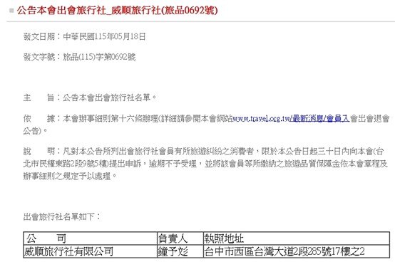 威順旅行社無預警停業 中市消保官籲消費者儘速向品保協會申訴、掌握時效申請信用卡爭議款退款